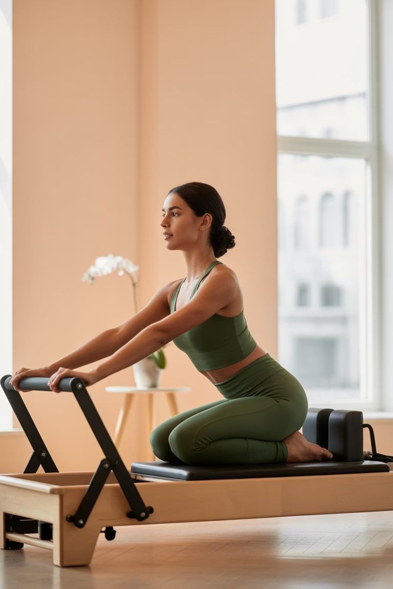 Woman kneeling on a Pilates reformer in a sunlit studio